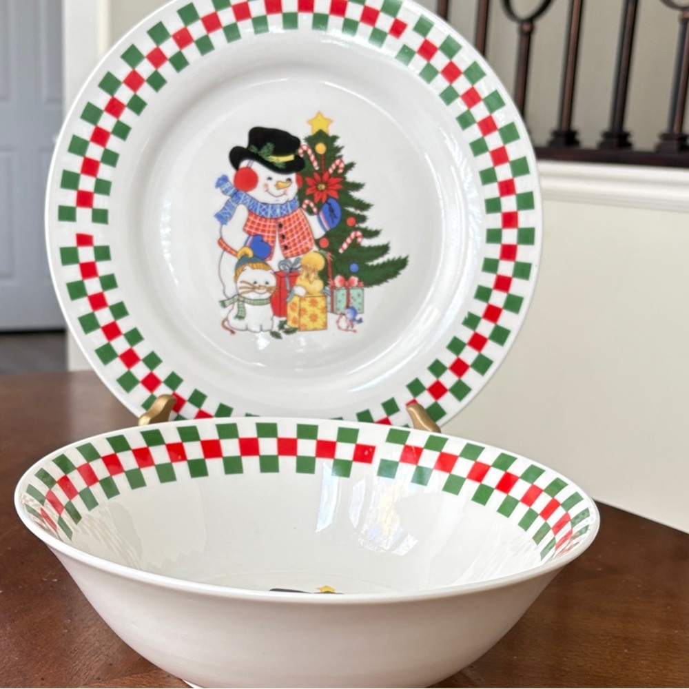 Christmas Snowman/Cat Bowl and Plate Set